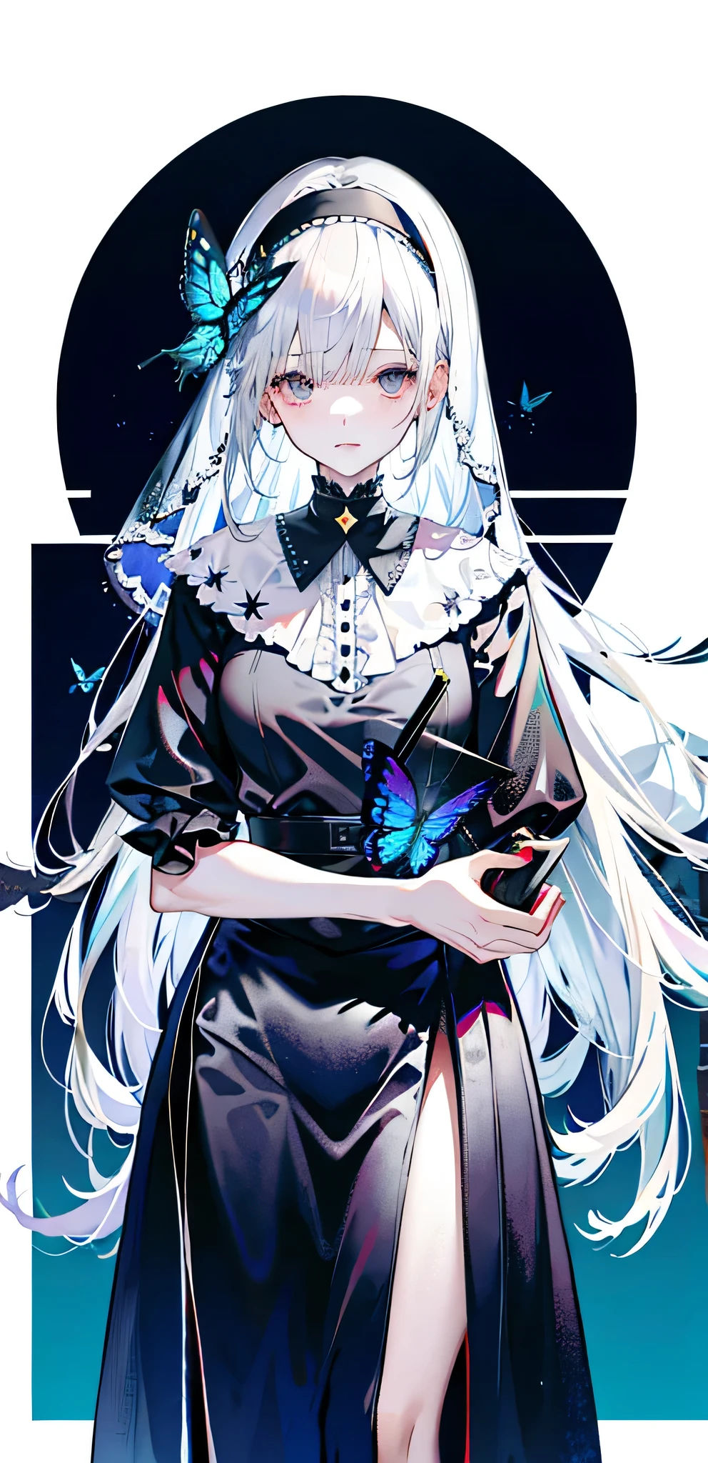 silver hair,Butterfly,long gray hair,8k wallpaper,Detailed background,Highest resolution,nun, hair covering one eye,black nun veil, church garden background,red rose background,Tight,moon