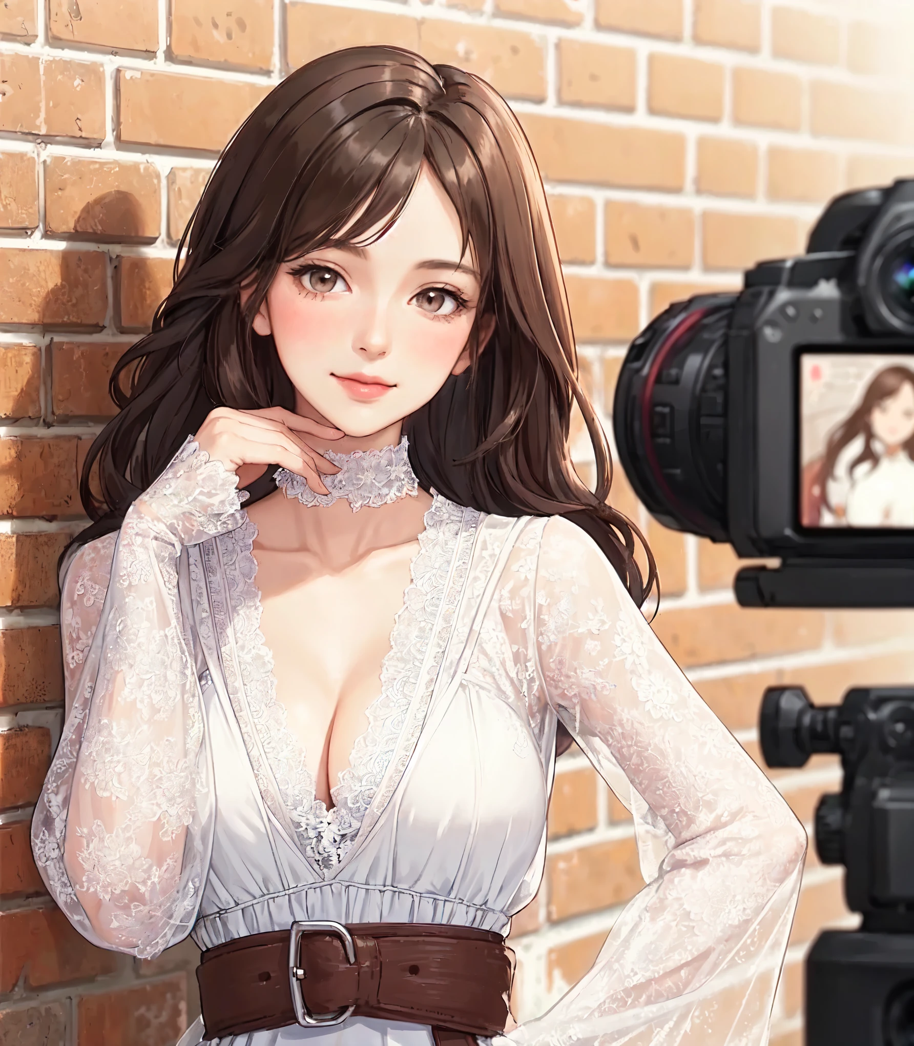 1lady standing, fashion model, (stylish outfit), (chic attire), (white lace:1.1), mature female, /(dark brown hair/) bangs, ribbon, blush kind smile, (masterpiece best quality:1.2) delicate illustration ultra-detailed, large breasts BREAK (red bricks wall) outdoors, camera, cameraman, detailed background