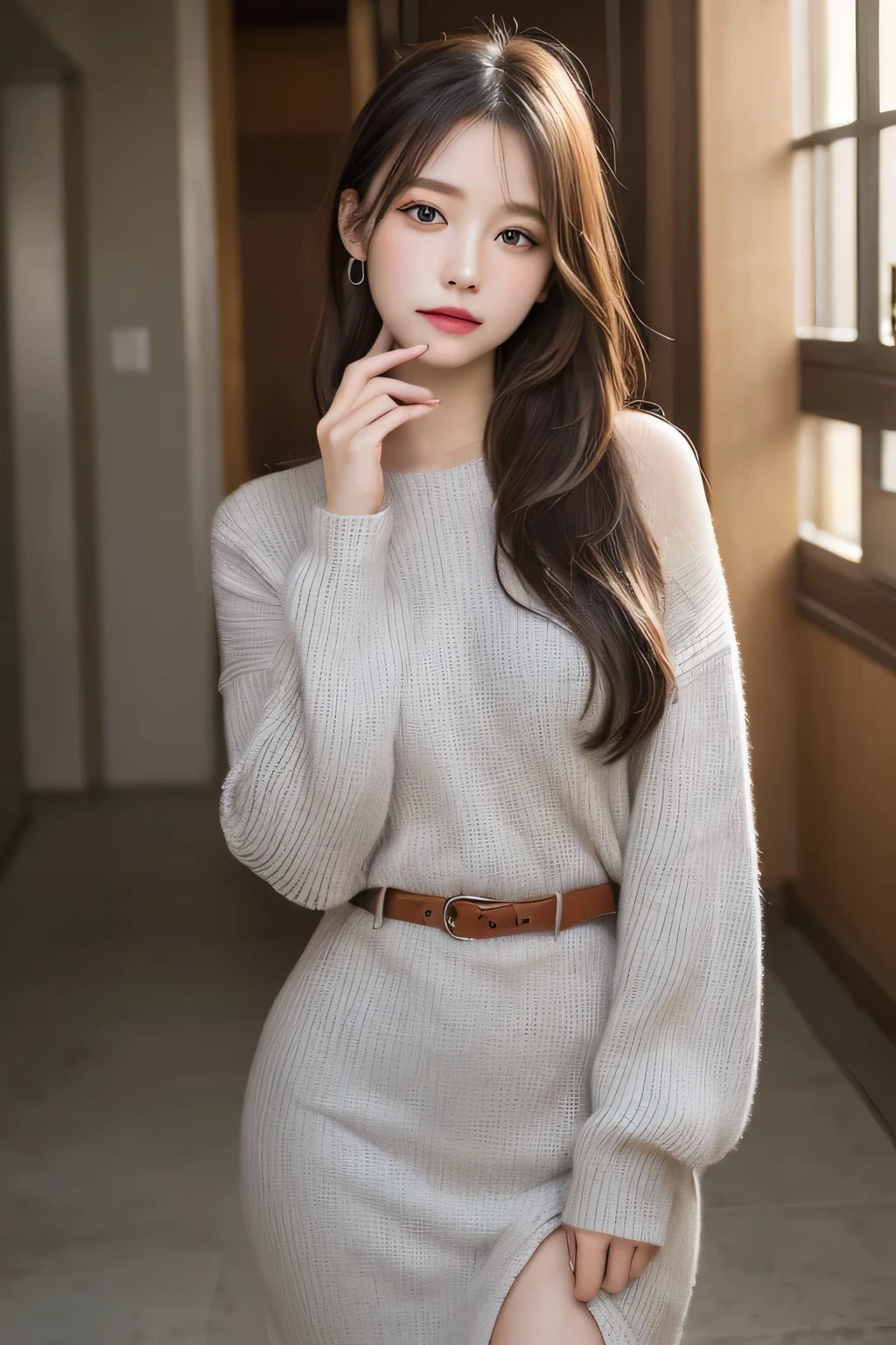 finely detail, hight resolution, hightquality、Perfect dynamic composition, Beautiful detailed eyes, Medium Hair, small tits、Natural Color Lip,Kamimehibuya、20 years girl、1 persons、Transparent skin、Glowing hair、masutepiece, Best Quality, Illustration, Ultra-detailed, finely detail, hight resolution, 8K、The correct state of the human body、Randomly cute poses,Ponytail hair,beauty legs,Perfect beautiful face,KPOP Idol Face,Face that feels ???????,Pale light grey knitted dress,Background blur,Randomly dress up as a model for a women's fashion magazine