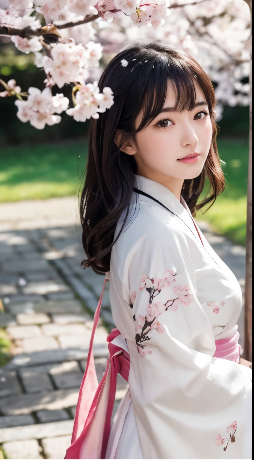 (logo、masterpiece、8k、Tabletop、RAW Photos、wonderful、最high quality、Realistic、Very detailed CG 統合 8k 壁紙、high quality、Very detailed、narrative poem、Particle Effects、Dynamic Effects、Depth of written boundary、Cinematic Light、Lens flare、Ray Tracing)、Fantasy、 (1 beauty、White kimono、Japanese clothing、White cherry blossom pattern、White cherry blossom embroidery pattern、Black-haired、Beautiful Face、True Face、Beautiful details in the eyes、Beautiful Skin)、Hair flutters in Wind、Hair bounces、Pink cherry blossom tree、Petals flutter、SakuraFubuki、wonderful景色、Morning Glow、Sun in the background、Wind、god々、tooth、god話、Vast land、