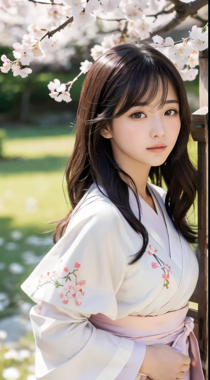 (logo、masterpiece、8k、Tabletop、RAW Photos、wonderful、最high quality、Realistic、Very detailed CG 統合 8k 壁紙、high quality、Very detailed、narrative poem、Particle Effects、Dynamic Effects、Depth of written boundary、Cinematic Light、Lens flare、Ray Tracing)、Fantasy、 (1 beauty、White kimono、Japanese clothing、White cherry blossom pattern、White cherry blossom embroidery pattern、Black-haired、Beautiful Face、True Face、Beautiful details in the eyes、Beautiful Skin)、Hair flutters in Wind、Hair bounces、Pink cherry blossom tree、Petals flutter、SakuraFubuki、wonderful景色、Morning Glow、Sun in the background、Wind、god々、tooth、god話、Vast land、