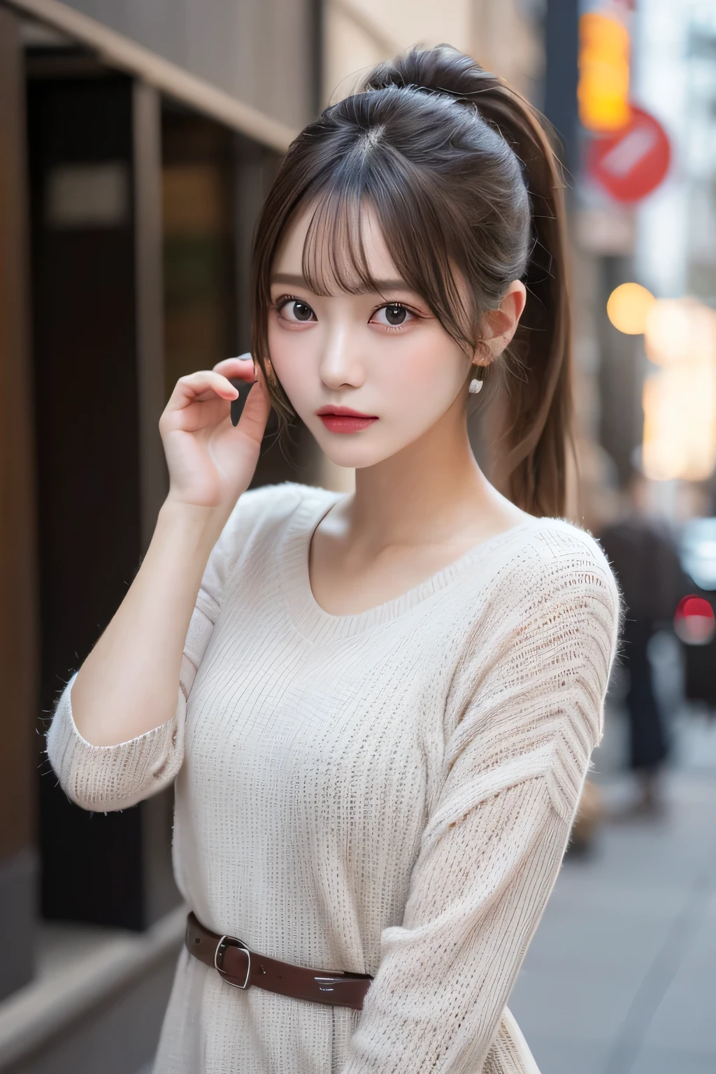 finely detail, hight resolution, hightquality、Perfect dynamic composition, Beautiful detailed eyes, Medium Hair, small tits、Natural Color Lip,Kamimehibuya、20 years girl、1 persons、Transparent skin、Glowing hair、masutepiece, Best Quality, Illustration, Ultra-detailed, finely detail, hight resolution, 8K、The correct state of the human body、Randomly cute poses,Ponytail hair,beauty legs,Perfect beautiful face,KPOP Idol Face,Face that feels ecstasy,Pale light grey knitted dress,Background blur,Randomly dress up as a model for a women's fashion magazine