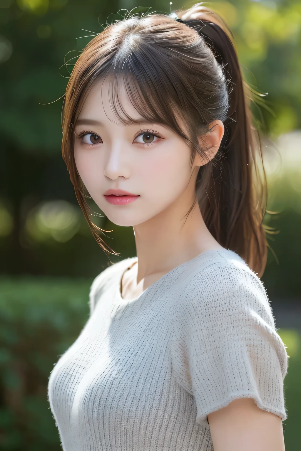 finely detail, hight resolution, hightquality、Perfect dynamic composition, Beautiful detailed eyes, Medium Hair, small 、Natural Color Lip,Kamimehibuya、20 years girl、1 persons、Transparent skin、Glowing hair、masutepiece, Best Quality, Illustration, Ultra-detailed, finely detail, hight resolution, 8K、The correct state of the human body、Randomly cute poses,Ponytail hair,beauty legs,Perfect beautiful face,KPOP Idol Face,Face that feels ecste light grey knitted dress,Background blur,Randomly dress up as a model for a women's fashion magazine