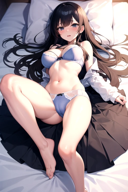 ((best quality)), ((masterpiece)), (detailed), perfect face
Sexy anime girl with a mini skirt with thin butterfly panties laying down with her legs spread apart touching her big  with her bra on the bed