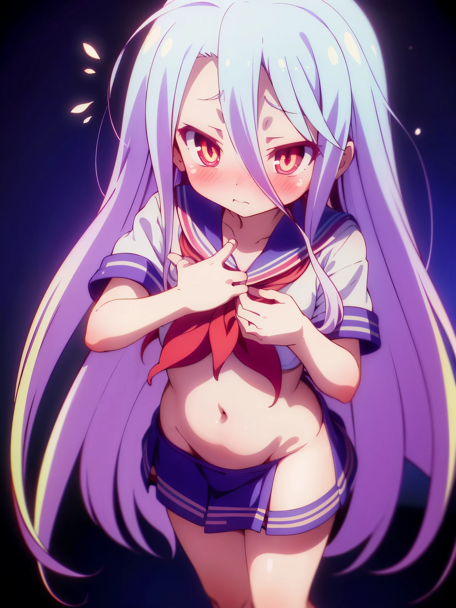 NSFW,One Girl、Long Hair、とてもLong Hair、Hair between the eyes、Red eyes、Bright pupils、Multicolored eyes、Multicolored Hair,Small breasts,(Sailor suit:1.5),(cropped:1.5),(Micro Mini Skirt:1.5),(Perfect hands),(Perfect Anatomy),(masterpiece),(highest quality),(Embarrassed:1.5),blush,Feeling embarrassed,Leg spread