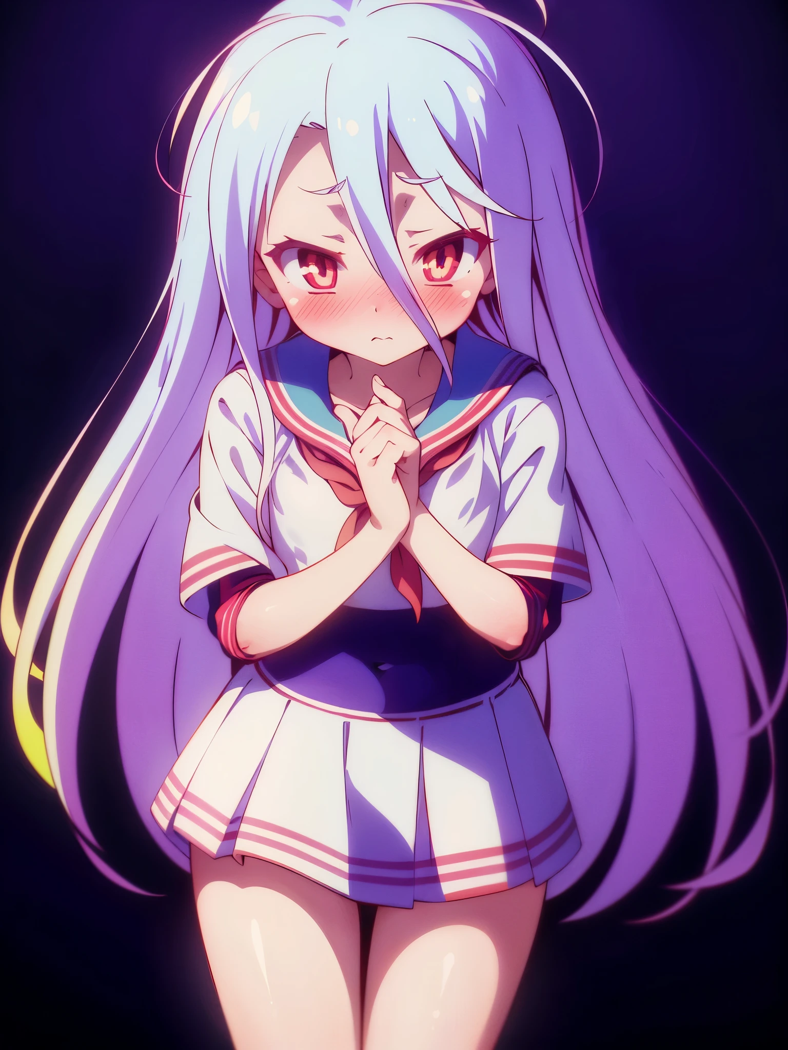 NSFW,One Girl、Long Hair、とてもLong Hair、Hair between the eyes、Red eyes、Bright pupils、Multicolored eyes、Multicolored Hair,Small breasts,(Sailor suit:1.5),(cropped:1.5),belly button,(Micro Mini Skirt:1.5),(Perfect hands),(Perfect Anatomy),(masterpiece),(highest quality),(Embarrassed:1.5),blush,Feeling embarrassed,Leg spread,Love Hotel,bedroom,One man,Standing man
