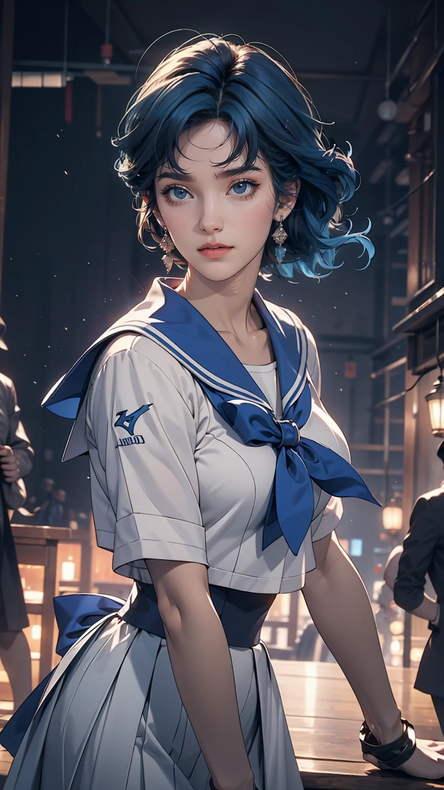 (masterpiece), (highest quality), Realistic, Cinematic Light, Makoto Kino, Sailor Jupiter, stand, Battlefield Background, Perfect body, Blue Hair, uniform  
