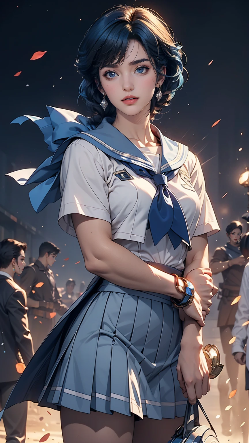 (masterpiece), (highest quality), Realistic, Cinematic Light, Mizuno Ami, Sailor Mercury, stand, Battlefield Background, Perfect body, Blue Hair, uniform