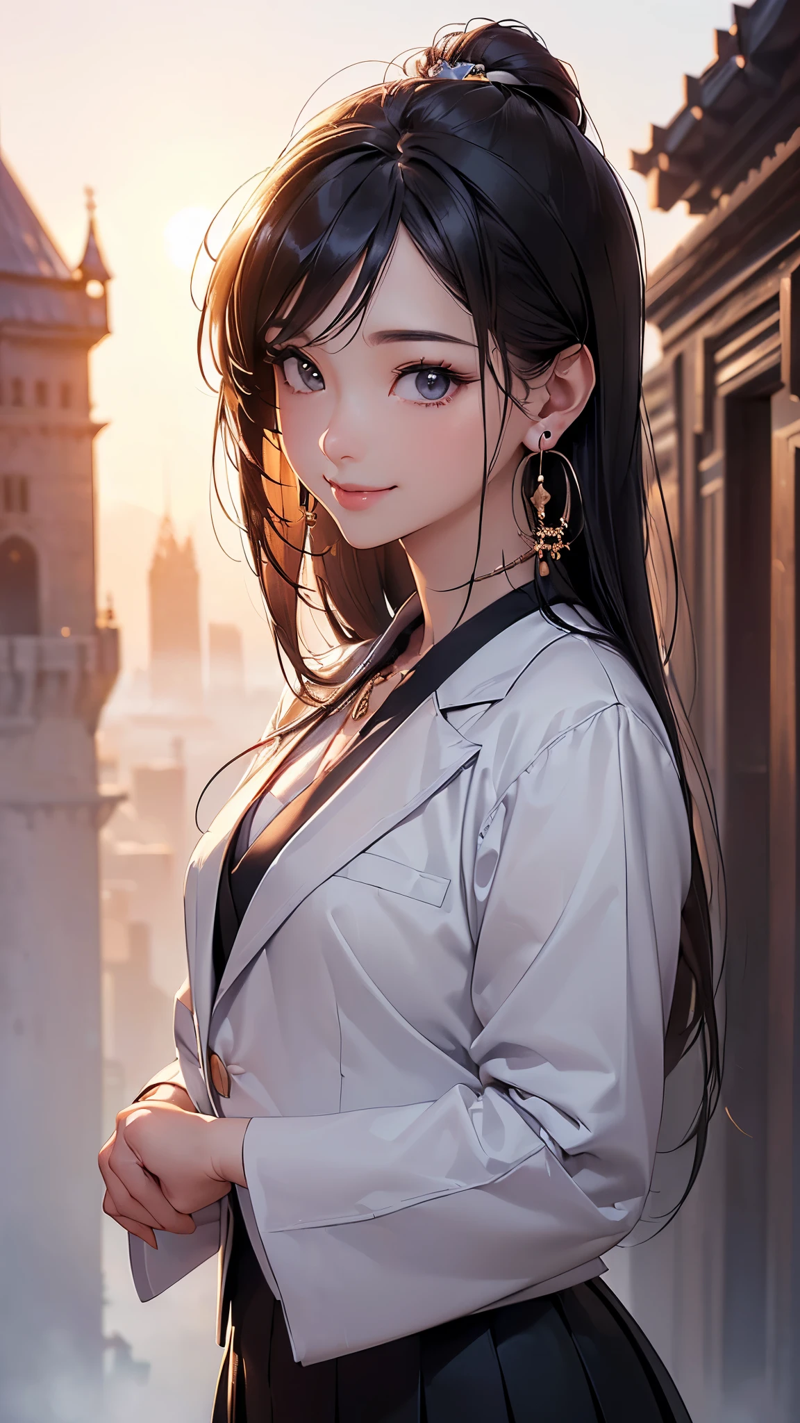((Biologically correct limb count))、((Full Body Shot, Full-body photo including face、Head to toe photos))、4K、masterpiece、((Focus on the face))、((Symmetrical facial features))、Eyes of meticulous depiction、Four beautiful women、Excellent style、Beautiful feet、(stockings、High heels with anklets)、Detailed depiction of the face、Small earrings、necklace、((Close-up photo of the upper body))、(blazer、skirt)、Sky City、Scenery of the old castle、sunset、(Low - Angle)、(smile)、((Thick morning fog all around)、I can't see anything around me)、Realistic photo