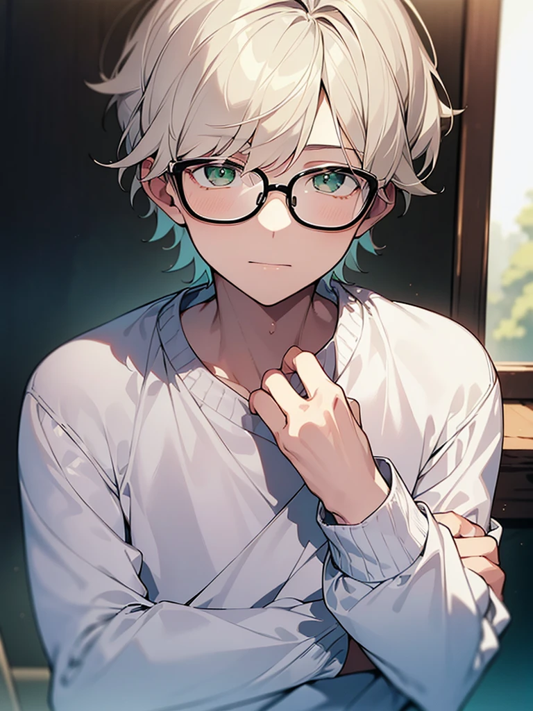 ((Masterpiece, Highest Quality)), Detailed Face, 1boy, young boy, white sweater, green eyes, (((Top Quality))), Short hair, white colored hair, Stylish glasses, soft smile ,very beautiful boy ,gentle young man
