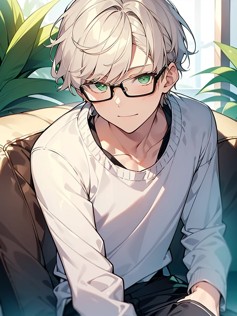 ((Masterpiece, Highest Quality)), Detailed Face, 1boy, young boy, white sweater, green eyes, (((Top Quality))), Short hair, white colored hair, Stylish glasses, soft smile ,very beautiful boy ,gentle young man