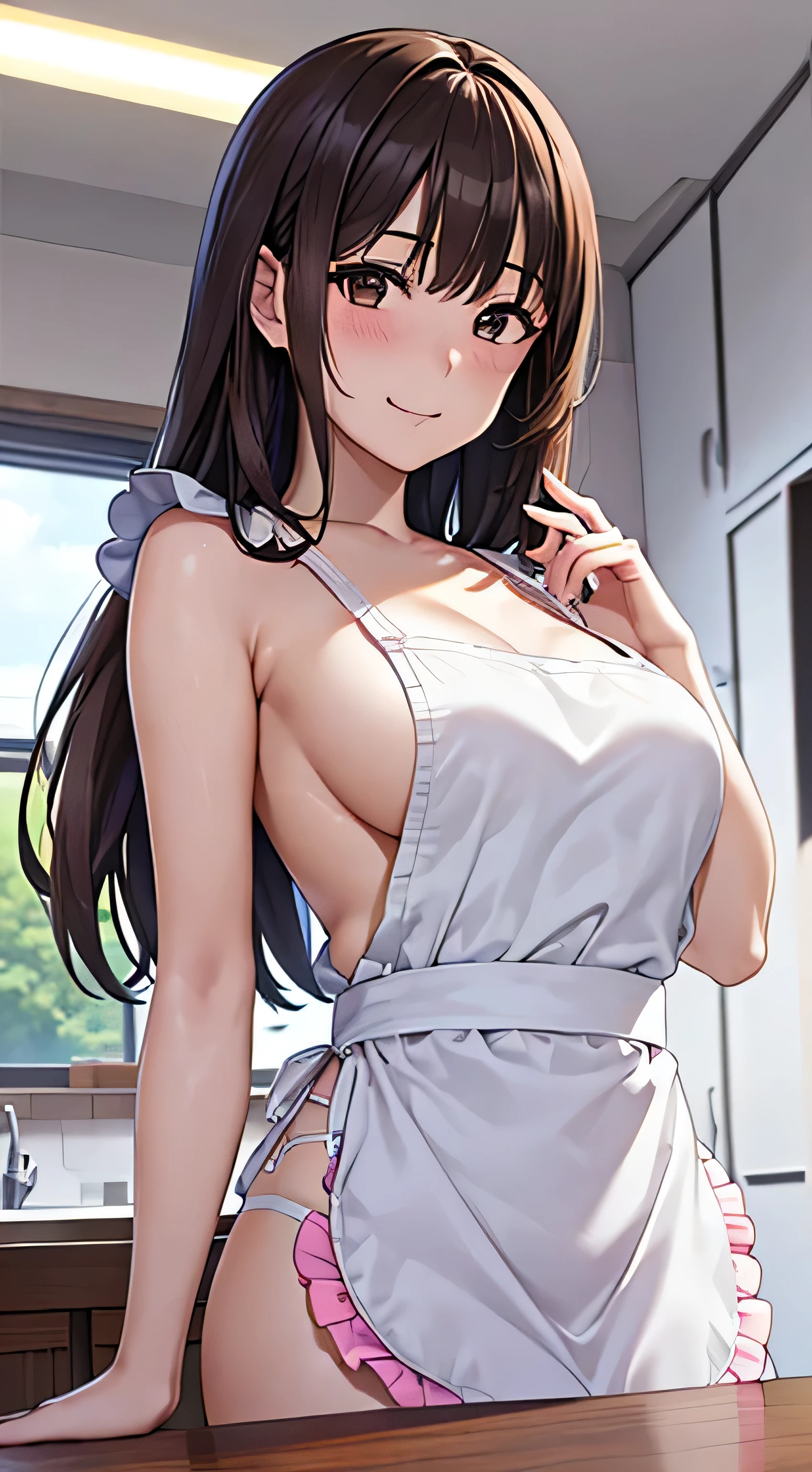 ((Tabletop, highest quality, High resolution, , Pixel perfect, 4K,))), 1 beautiful woman, private teacher、The whole body is visible、 ((Mid-wave hair, bangs, Brown Hair)), ((Brown eyes, Beautiful eyelashes, Realistic eyes)), ((Detailed face, Blushing:1.2)), ((Smooth texture:0.75, Realistic texture:0.65, Realistic:1.1, Anime CG Style)), Mid-chest, Dynamic Angle, Perfect body, (( , , No bra、Frill apron, 、)), Cooking in the kitchen、、Very embarrassing panic smile, 、Leaning forward、The wind is blowing and my underwear is completely visible、Place both hands on the table、、(White and pink floral lace panties)、Angle from below)、