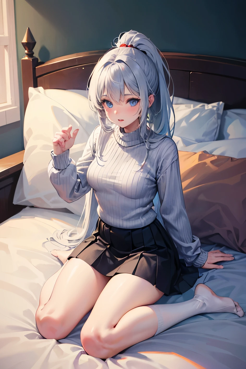 Digital Art, Digital Illustration, Ultra-detailed, beautiful image, Sharp Image, a close up of a woman in a short skirt and a grey sweater, sweater tucked into skirt, nylon tights, trending at cgstation, anime barbie doll, trending on cgstation, anime girl in real life, anime vtuber full body model, ((long white hair),(blue eyes), high ponytail, ( ), (very small round breasts), on bed