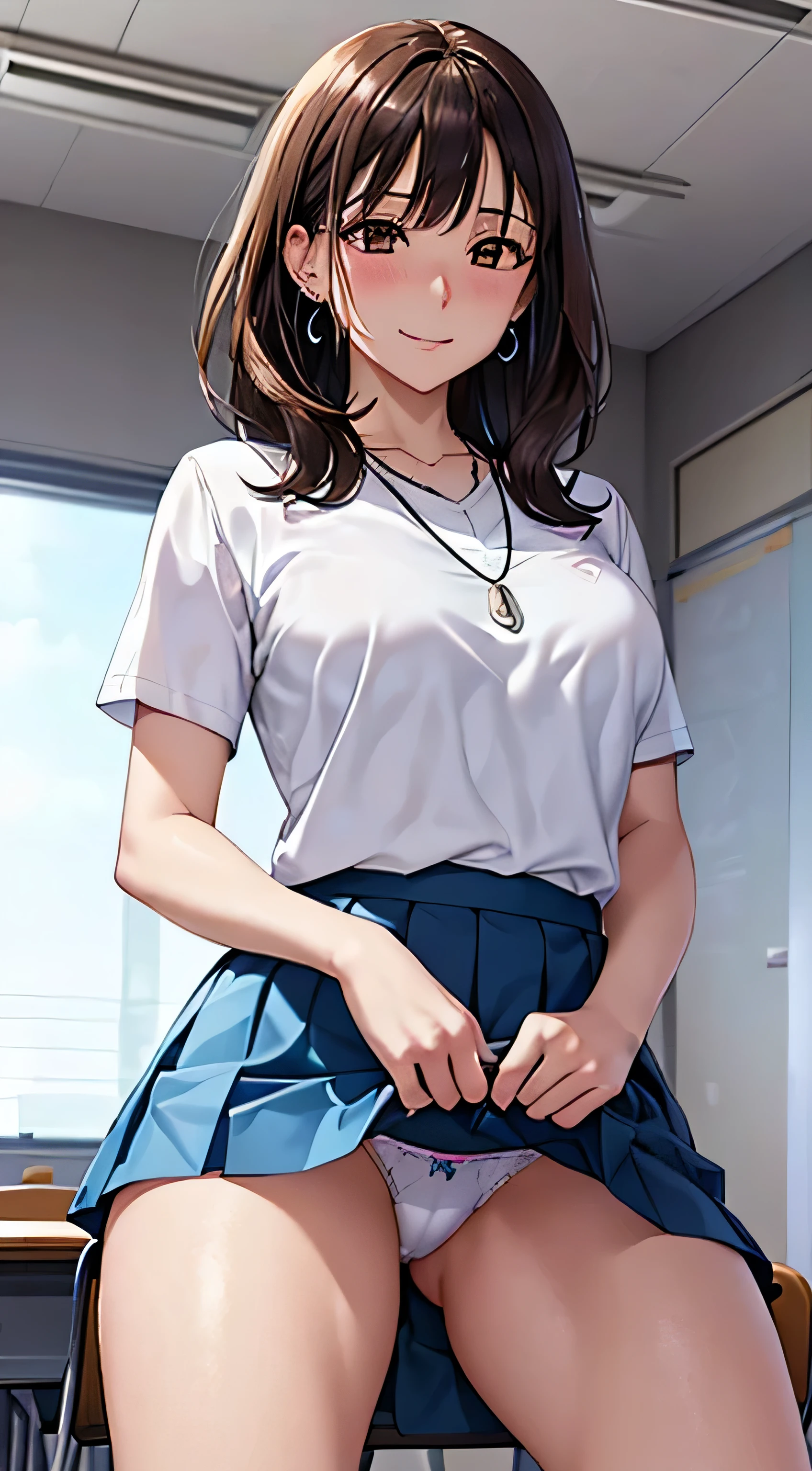 ((Tabletop, highest quality, High resolution, , Pixel perfect, 4K,))), 1 female teacher, single, alone, beauty、The whole body is visible、 ((Mid-wave hair, bangs, Brown Hair)), ((Brown eyes, Beautiful eyelashes, Realistic eyes)), ((Detailed face, Blushing:1.2)), ((Smooth texture:0.75, Realistic texture:0.65, Realistic:1.1, Anime CG Style)), Mid-chest, Dynamic Angle, Perfect body, (( ,necklace、Earrings , White tennis wear、White and short sleeve shirt,Pleated flare skirt 、Lift your skirt with both hands to show your panties)), No bra、Sit on a desk、Get on one knee、Very embarrassing panic smile, 、Looking up、classroom、、(Light blue floral lace panties are visible)、Angle from below)、