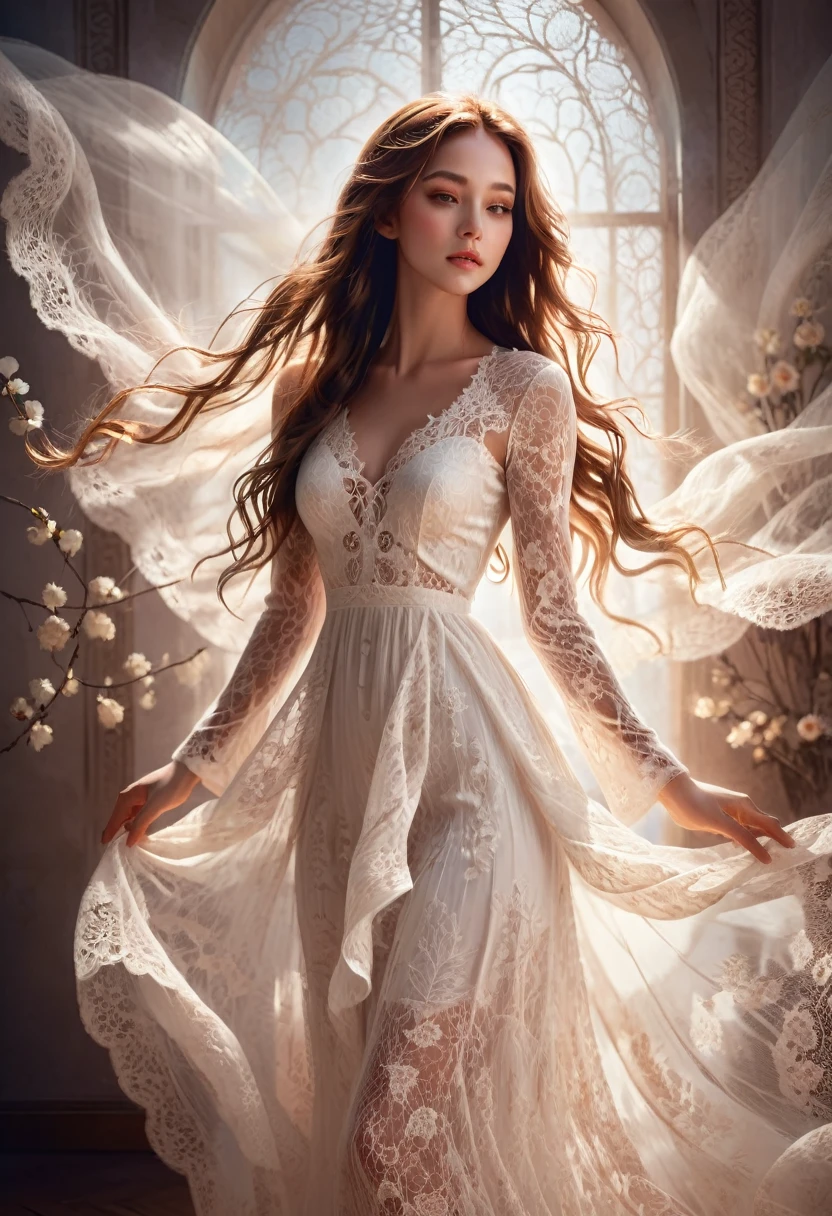 White Lace, beautiful white lace dress, elegant lady, long hair, soft lighting, graceful pose, detailed flowers, intricate lace patterns, sheer fabric, glowing skin, serene expression, ethereal atmosphere, delicate details, high quality, digital art, photorealistic, cinematic lighting, warm color palette, dramatic shadows, stunning beauty