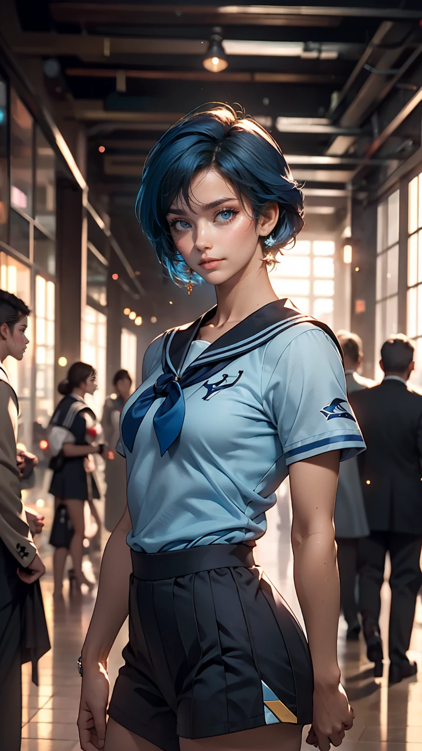 (masterpiece), (highest quality), Realistic, Cinematic Light, Mizuno Ami, Sailor Mercury, stand, Battlefield Background, Perfect body, Blue Hair, uniform