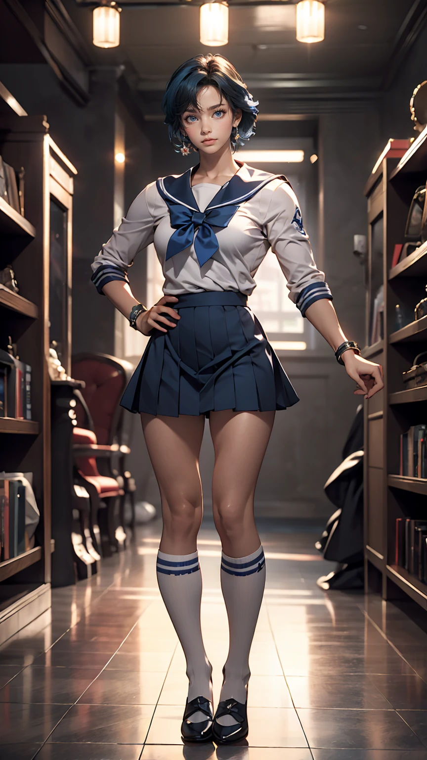 (masterpiece), (highest quality), Realistic, Cinematic Light, Mizuno Ami, Sailor Mercury, stand, Battlefield Background, Perfect body, Blue Hair, uniform