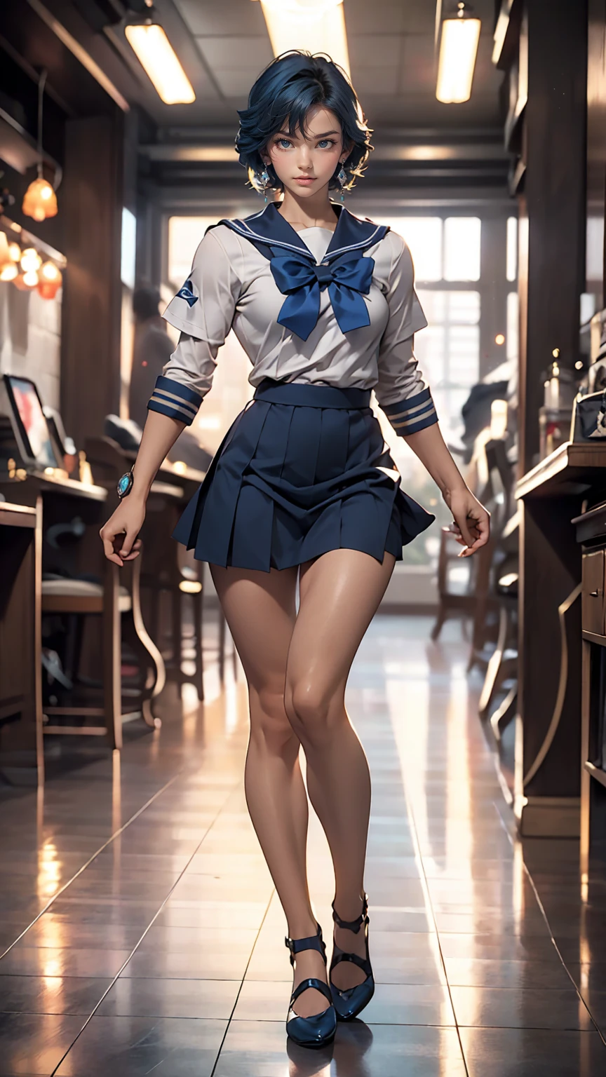 (masterpiece), (highest quality), Realistic, Cinematic Light, Mizuno Ami, Sailor Mercury, stand, Battlefield Background, Perfect body, Blue Hair, uniform  