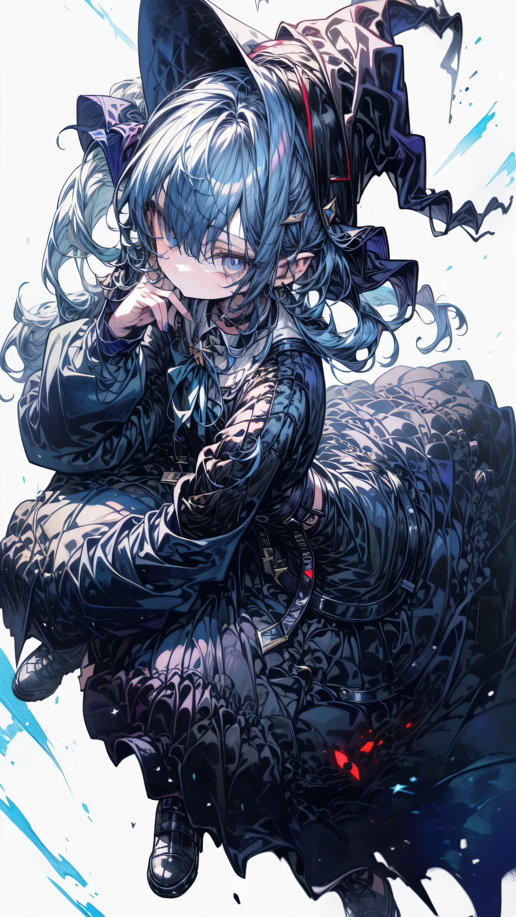 A desolated landscape with a giant blue moon, blue skirt, 1girl, hoshimachi suisei, alone, sitting on dark blue throne, crossed legs, (dark), (white background, witch hat, looking at the viewer, body facing viewer , glowing eyes., dark atmosphere, blue eyes, blue hair, Anime art, detailed art, anime illustration, wallpaper 8k, Witch hat, body face camera, wallpaper 4k, desolate background, Ink painting style，pretty colors，Decisive cut，Wide blank area, blank, space，masterpiece, dark，artwork，expensive、high quality，best quality，4K
