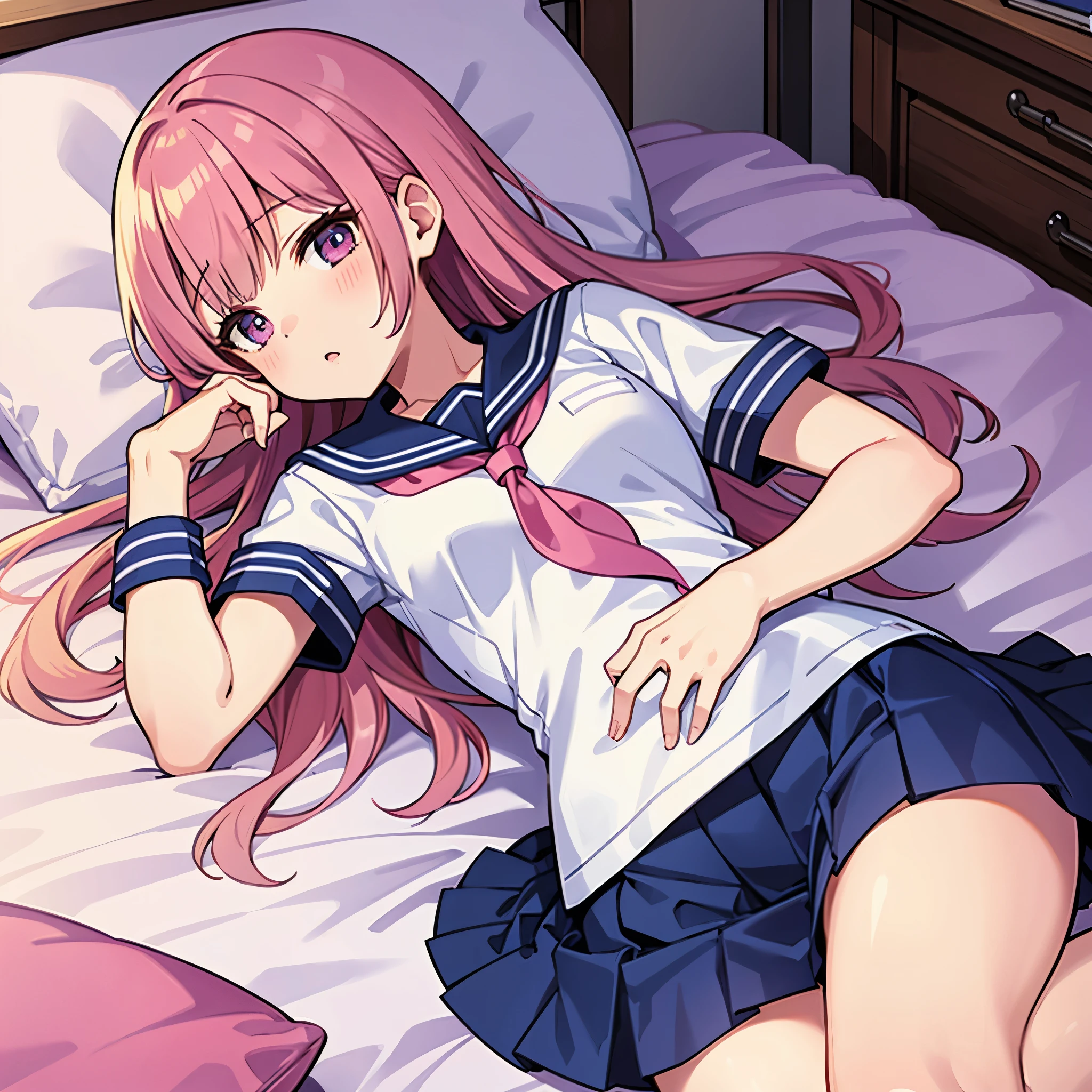 A pink-haired high school girl in a sailor uniform who is feeling unwell is lying alone on a bed in the nurse's office.
