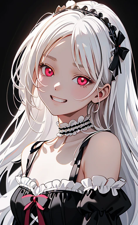 (Photorealistic:1.4)、asuna,(masterpiece、lens flare:1.5、spot light:1.2、Exquisite beautiful eyeonochrome:1.5,portlate、)(little devil:1.3),()
、Cute Face、 3D Face、(pearl white hair:1.5)、(wavy hair:1.3),(1 Girl)、(Red eyes:1.2)、(upper body)、(evil grin:1.3)、(head tilt) ,(Cute face:1.2),(flat chest),(),kind face,(white　lace frilled gothic ta),(black background:1.5)、(glowing eyes:1.3)、()、 Neat and clean、Adorable、Slim Body(Tareme:1.5),Shiny Hair、(Glowing pink Skin)、Nijisketch,Manga,zydG