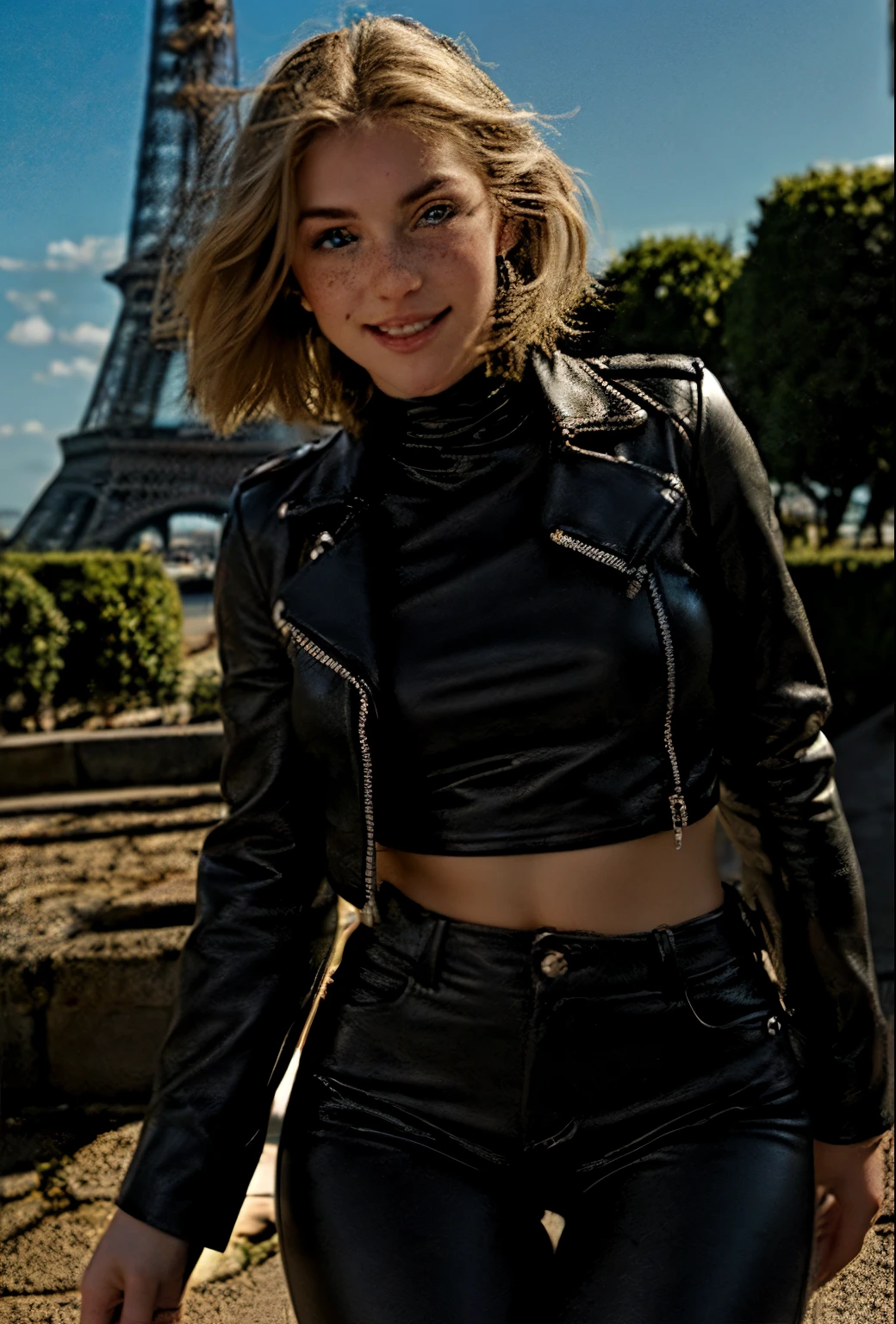 A 21-year-old girl named Kate with short blonde hair, beautiful medium-sized breasts, and a height of 1.60 meters. She has a British white style and light blue eyes. Kate is beautiful, with an angelic face and freckles on her face around her nose. She is wearing a 70s-style black leather jacket and 70s-style black leather pants, along with black leather boots. Kate is in France, posing for a photo shoot on the streets of Paris with the Eiffel Tower in the background.