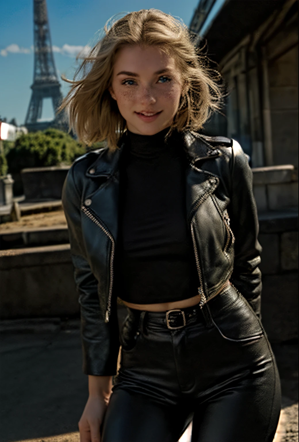 A 21-year-old girl named Kate with short blonde hair, beautiful medium-sized breasts, and a height of 1.60 meters. She has a British white style and light blue eyes. Kate is beautiful, with an angelic face and freckles on her face around her nose. She is wearing a 70s-style black leather jacket and 70s-style black leather pants, along with black leather boots. Kate is in France, posing for a photo shoot on the streets of Paris with the Eiffel Tower in the background.