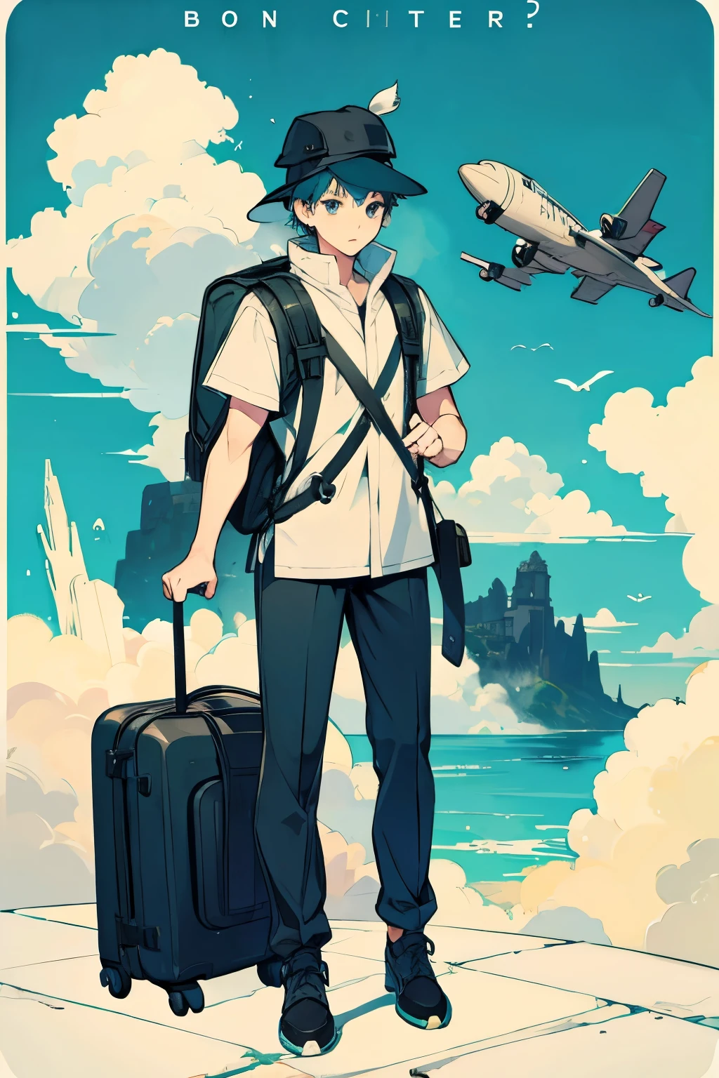 boy，Full body picture，Travel hat，Cool hat，Travel Backpack，Solid color background