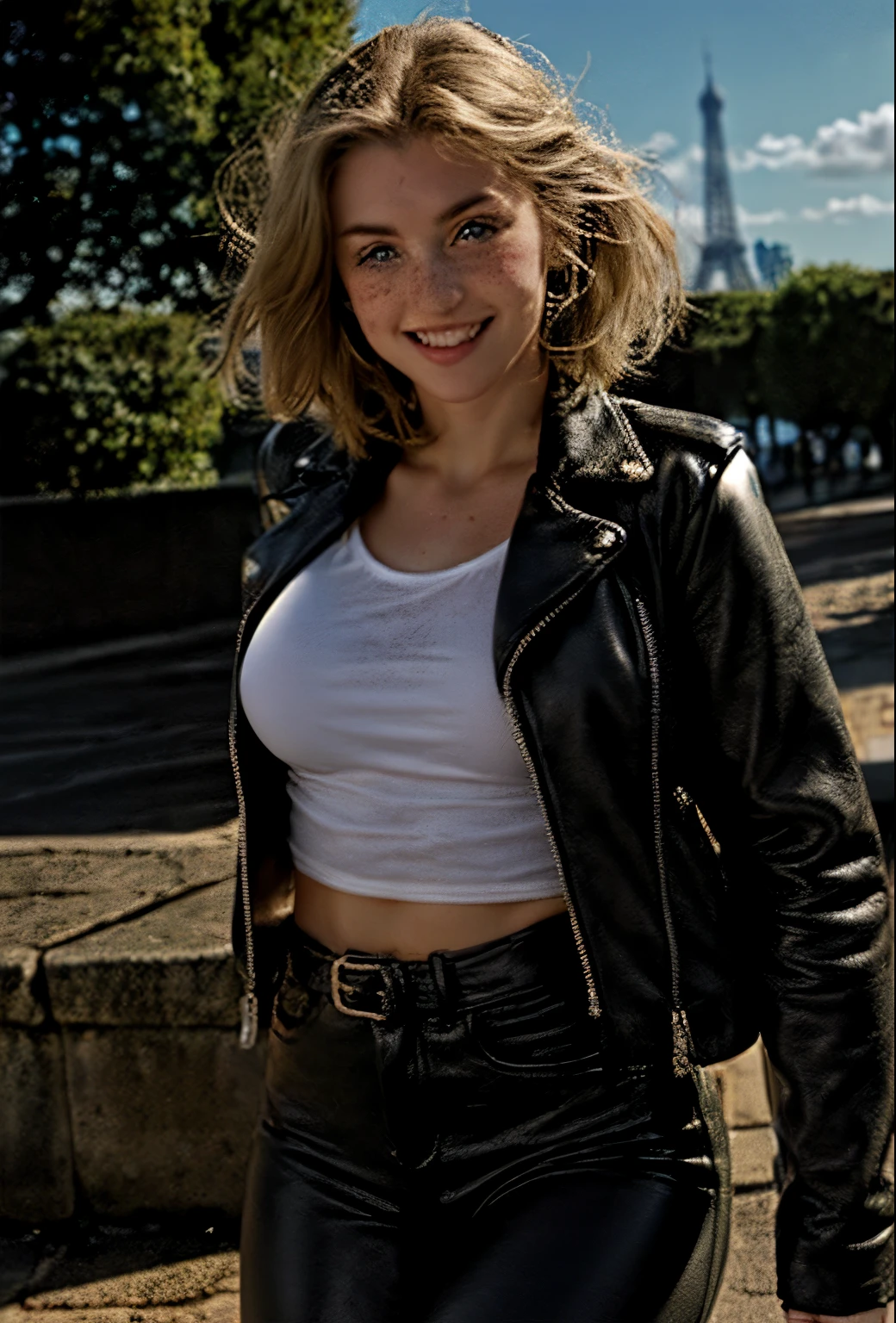 A 21-year-old girl named Kate with short blonde hair, beautiful medium-sized breasts, and a height of 1.60 meters. She has a British white style and light blue eyes. Kate is beautiful, with an angelic face and freckles on her face around her nose. She is wearing a 70s-style black leather jacket, with a white t-shirt and a bra underneath. Kate is also wearing 70s-style black leather pants and black leather boots. She is in France, posing for a photo shoot on the streets of Paris with the Eiffel Tower in the background. Kate is happy because she is in her favorite city.