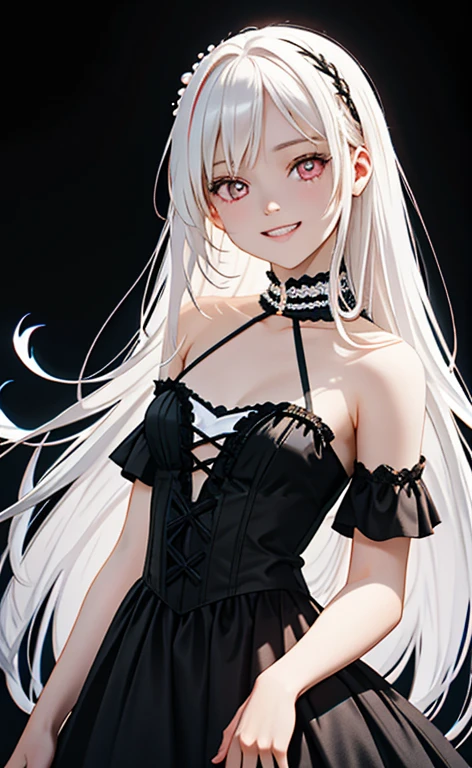 (Photorealistic:1.4)、asuna,(masterpiece、lens flare:1.5、spot light:1.2、Exquisite beautiful eyeonochrome:1.5,portlate、)(little devil:1.3),()
、Cute Face、 3D Face、(pearl white hair:1.5)、(wavy hair:1.3),(1 Girl)、(Red eyes:1.2)、(upper body)、(evil grin:1.3)、(head tilt) ,(Cute face:1.2),(flat chest),(),kind face,(white lace frilled gothic ta),(black background:1.5)、(glowing eyes:1.3)、()、 Neat and clean、Adorable、Slim Body(Tareme:1.5),Shiny Hair、(Glowing pink Skin)、Nijisketch,Manga,zydG