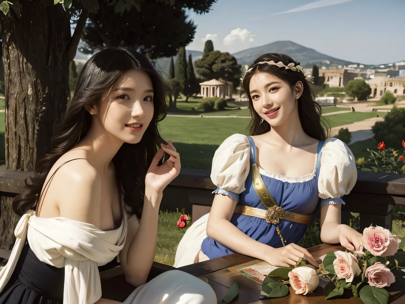 Prompt: full body portrait or statue、Giorgione painting style,Arguments of two female Philosophe,math、astronomical machine、astronaut、roses in vase、fruits、Cute trinkets、smile、ancient greek costume、Ancient Roman landscape in the style of Nicolas Poussin,laughter,,Sweet and seductive appearance.、Caravaggio's paintings、Chiaroscuro of Caravaggio、hair tousled by the wind,Two women frolicking,cute smile, expression of ecstasy,Sexy,erotic