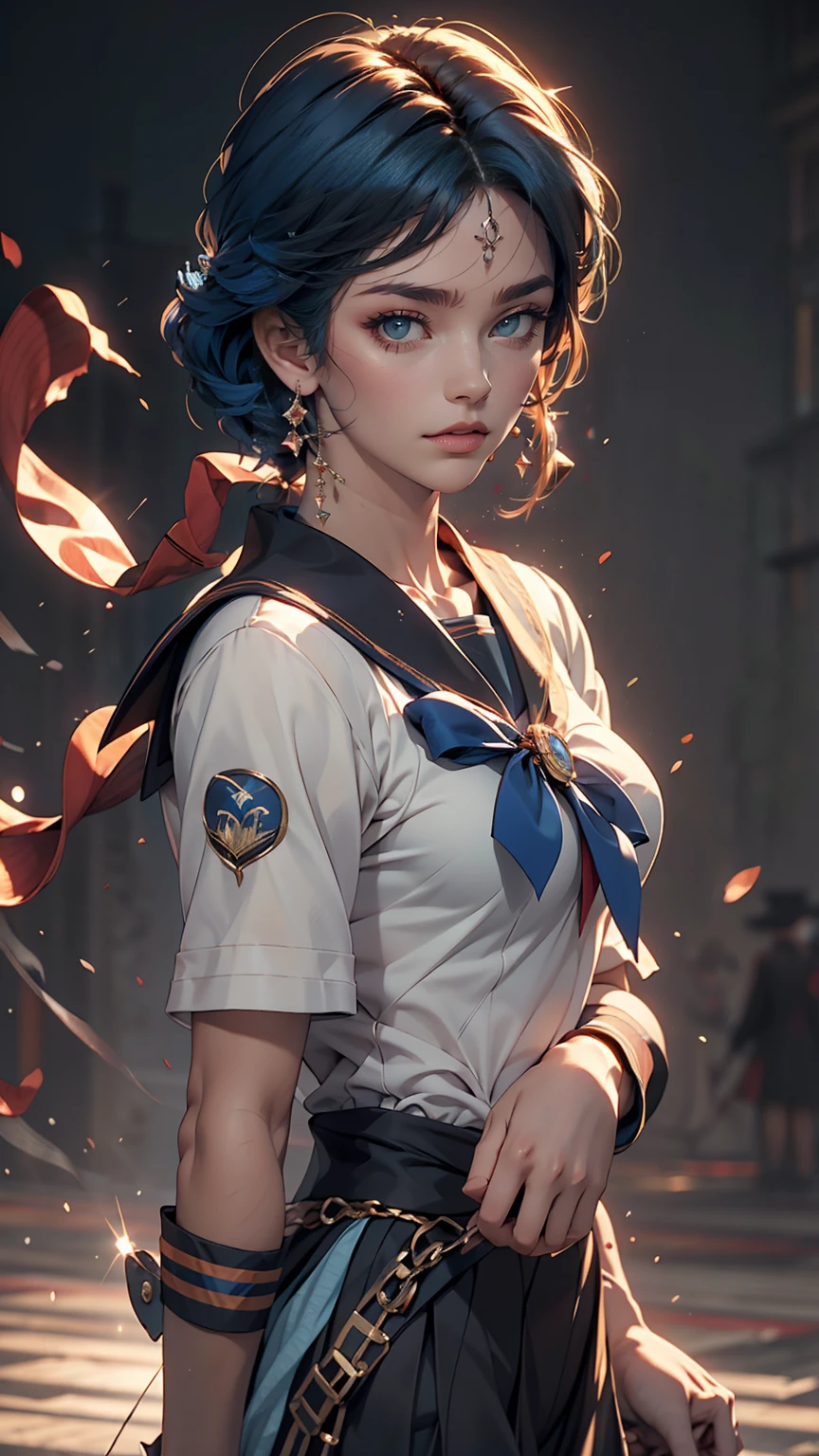 (masterpiece), (highest quality), Realistic, Cinematic Light, Mizuno Ami, Sailor Mercury, stand, Battlefield Background, Perfect body, Blue Hair, uniform  