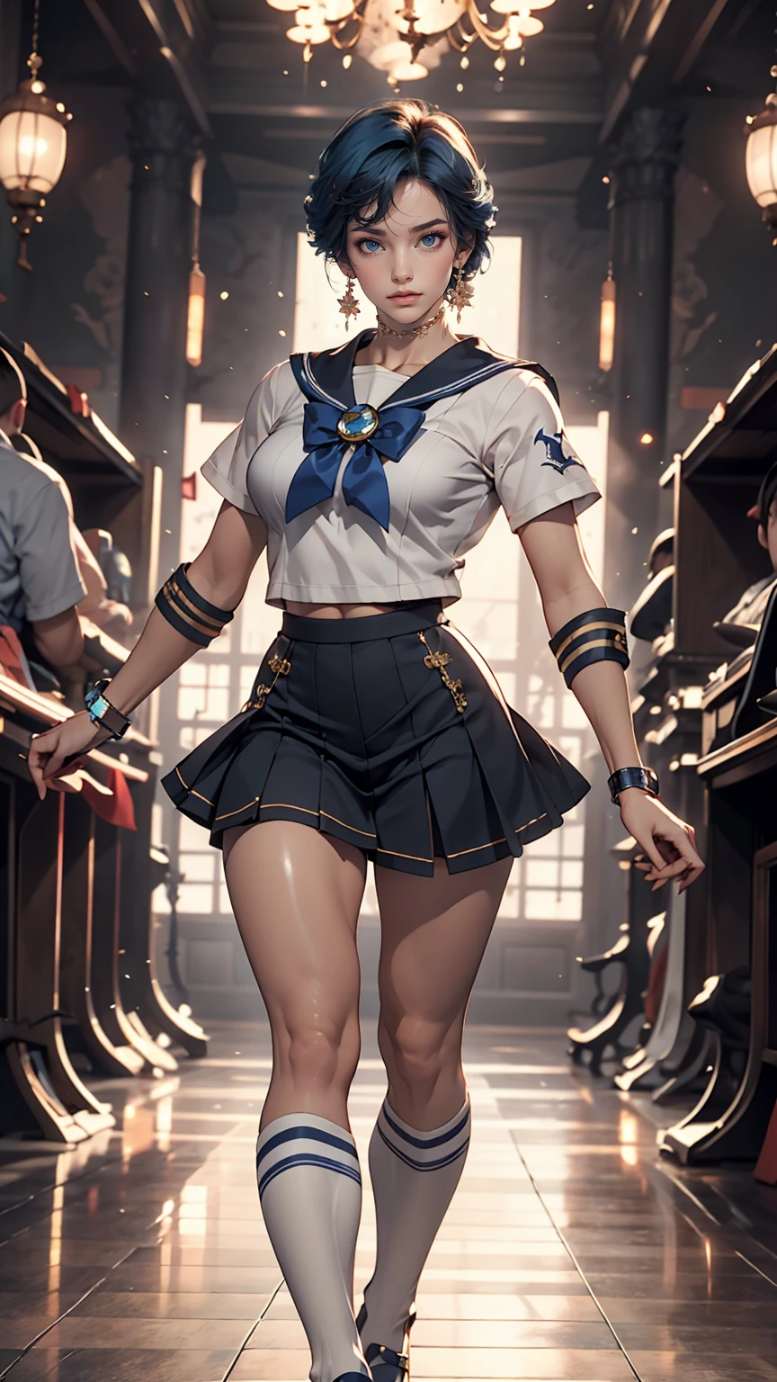 (masterpiece), (highest quality), Realistic, Cinematic Light, Mizuno Ami, Sailor Mercury, stand, Battlefield Background, Perfect body, Blue Hair, uniform