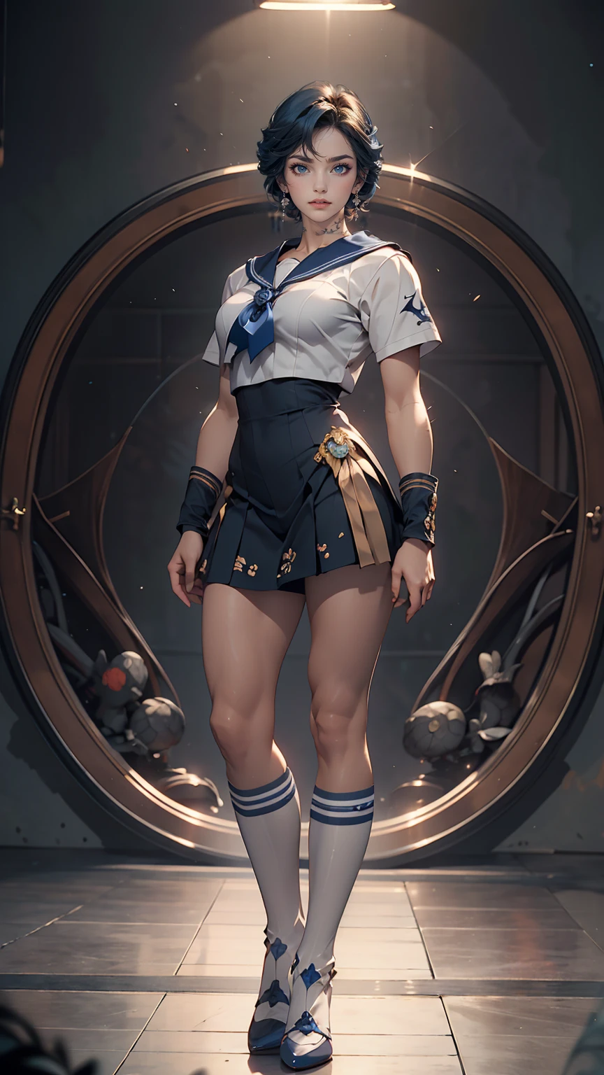 (masterpiece), (highest quality), Realistic, Cinematic Light, Mizuno Ami, Sailor Mercury, stand, Battlefield Background, Perfect body, Blue Hair, uniform