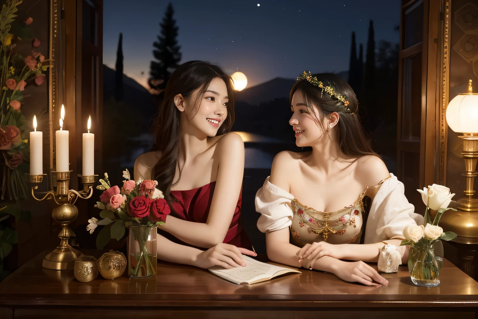 Giorgione painting style,Arguments of two female Philosophe,math、astronomical machine、astronaut、roses in vase、fruits、Cute trinkets、smile、ancient greek costume、Background is a forest lake at night 、Clothes that stretch your shoulders、A big smile、beautiful bare skin、A detailed representation of the seducing woman throughout her body.