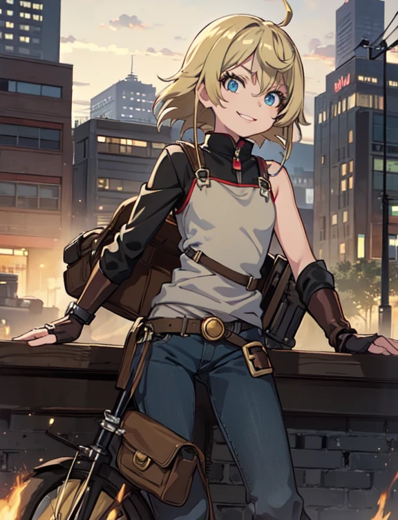 ((((masterpiece)))), expensive quality, very_expensive_solve, big_file size, full color, Steampunk featuring futuristic planets,, In big cities, Bustling foreigner market, and off-road bike. The main character is a beautiful girl with a beautiful upper body., short blonde hair, and a silvery smile., mechanized weapons. wearing a white tank top, Damaged Denim Shorts, Engineer boot, and off-road bikeに乗って. beautiful anime
