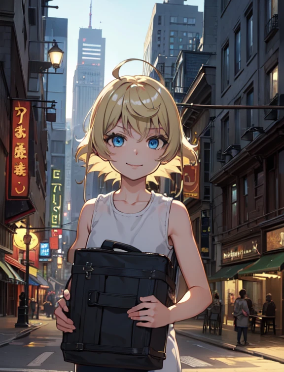 ((((masterpiece)))), expensive quality, very_expensive_solve, big_file size, full color, Steampunk featuring futuristic planets,, In big cities, Bustling foreigner market, and off-road bike. The main character is a beautiful girl with a beautiful upper body., short blonde hair, and a silvery smile., mechanized weapons. wearing a white tank top, Damaged Denim Shorts, Engineer boot, and off-road bikeに乗って. beautiful anime