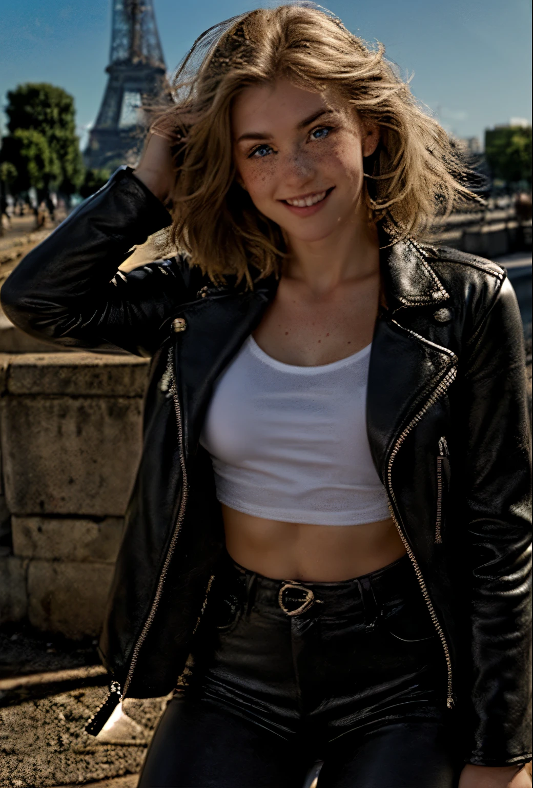 A 21-year-old girl named Kate with short blonde hair, beautiful medium-sized breasts, and a height of 1.60 meters. She has a British white style and light blue eyes. Kate is beautiful, with an angelic face and freckles on her face around her nose. She is wearing a 70s-style black leather jacket, with a white t-shirt and a bra underneath. Kate is also wearing 70s-style black leather pants and black leather boots. She is in France, posing for a photo shoot on the streets of Paris with the Eiffel Tower in the background. Kate is happy because she is in her favorite city.