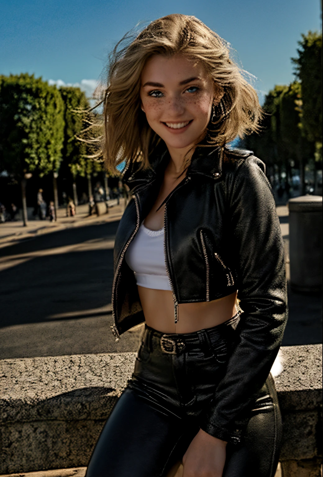 A 21-year-old girl named Kate with short blonde hair, beautiful medium-sized breasts, and a height of 1.60 meters. She has a British white style and light blue eyes. Kate is beautiful, with an angelic face and freckles on her face around her nose. She is wearing a 70s-style black leather jacket, with a white t-shirt and a bra underneath. Kate is also wearing 70s-style black leather pants and black leather boots. She is in France, posing for a photo shoot on the streets of Paris with the Eiffel Tower in the background. Kate is happy because she is in her favorite city.