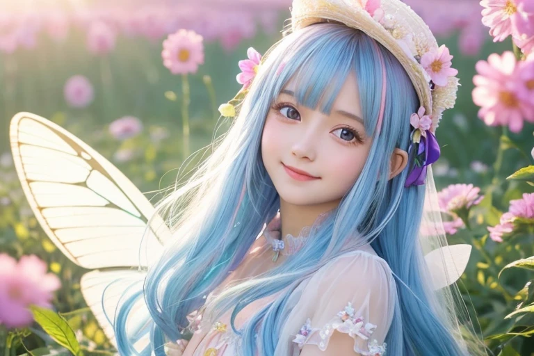 Flower Field,Magical Hat,heaven,Flower Hair Ornaments,Girl,,Fairy,butterflyのwing,butterfly々,wing,wing,Transparency,花のFairy,Lolita,Smilert sleeve,race,Lens flare,magical energy,healing,Sparkly Background,noon,summer,Light of the sun,Light background,Light blue sky,cute,Princess,clear,happiness,2Fairyのwing,Silky shiny hair,Glossy Skin,Semi-long hair,Fairyland,Soft light,,dream,hope,Pop Art,pastel colour,Big Rainbow,Sparkling Eyes,fine,Non-Adult,High resolution,light peach-colored hair,Wavy Hair,Thin eyebrows
