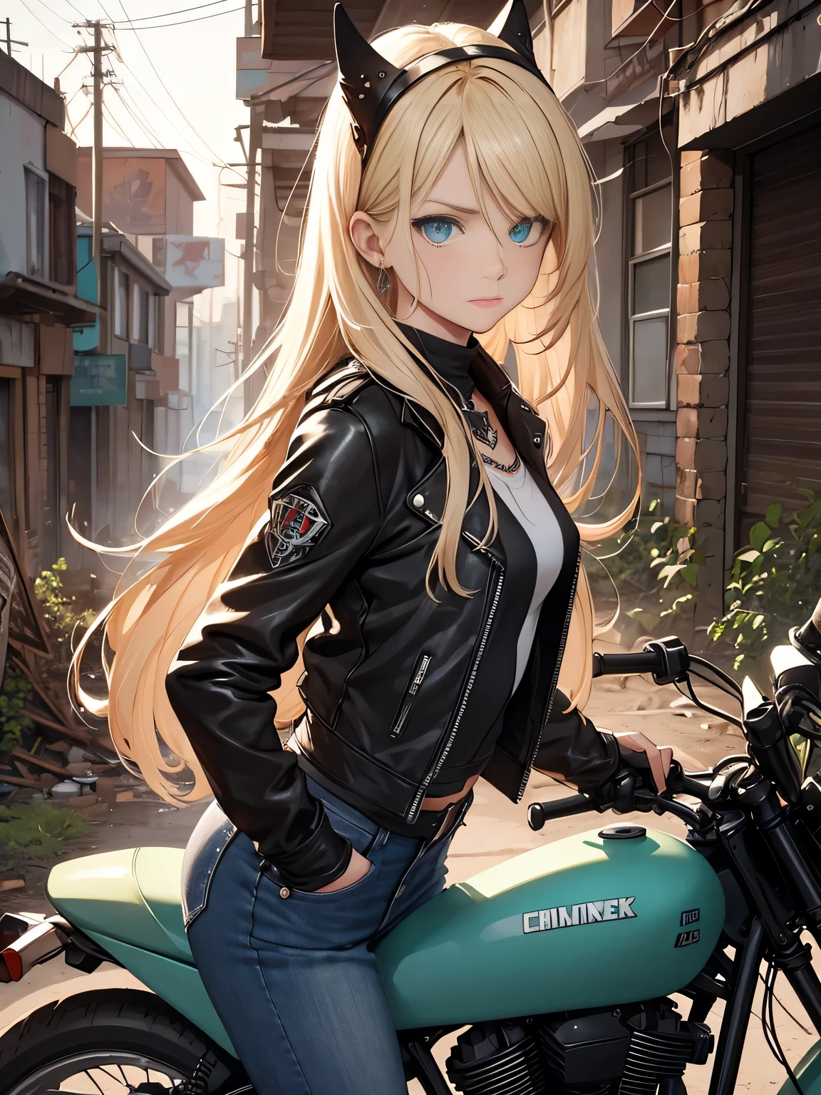 masterpiece, best quality,1girl,(watercolor painting):1.2,pencil sketch,BREAK,18 years old, (jitome), delicious flat chest, (cyan eyes):1.2, long hair, strait hair,blond hair,empty_eyes,BREAK(red_rune_forehead_tattoo):1.8,(put pilot goggles on head),BREAKdark green long-sleeved shirt,black denim shorts, fingerless gloves, Leather boots,Hip Hop, Punk Look, Chain, darkbrown leather jacket,Expressionless,small smile,BREAKA photorealistic image of a young girl, Eliana, about 18 years old, riding her vintage 1970s-style motorcycle through the ruins of an abandoned city at dusk. The scene captures her in a cowboy shot, riding intently through the decaying urban landscape. The ruins are filled with crumbled buildings, overgrown vegetation, and scattered debris, providing a stark contrast to the magical glow emanating from her motorcycle. Eliana is in side profile, focused on her path, her long blonde hair flowing behind her. The background conveys a sense of desolation and mystery, enhancing the post-apocalyptic fantasy setting.BREAKmasterpiece, best quality, ultra detailed, highres,4k,(ultra-detailed:1.4), newest,BREAKduch angle,cowboy shot,