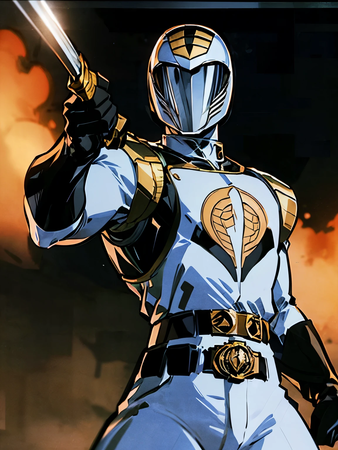 gijoe-cc, 1boy, male focus, ((masterpiece, best quality)), absurdres, White_Ranger, solo, breastplate, tokusatsu, (detailed cobra helmet and armor), belt, helmet, sword, white bodysuit, mask, gloves, black gloves, fighting pose, epic background, cinematic composition, dynamic pose,