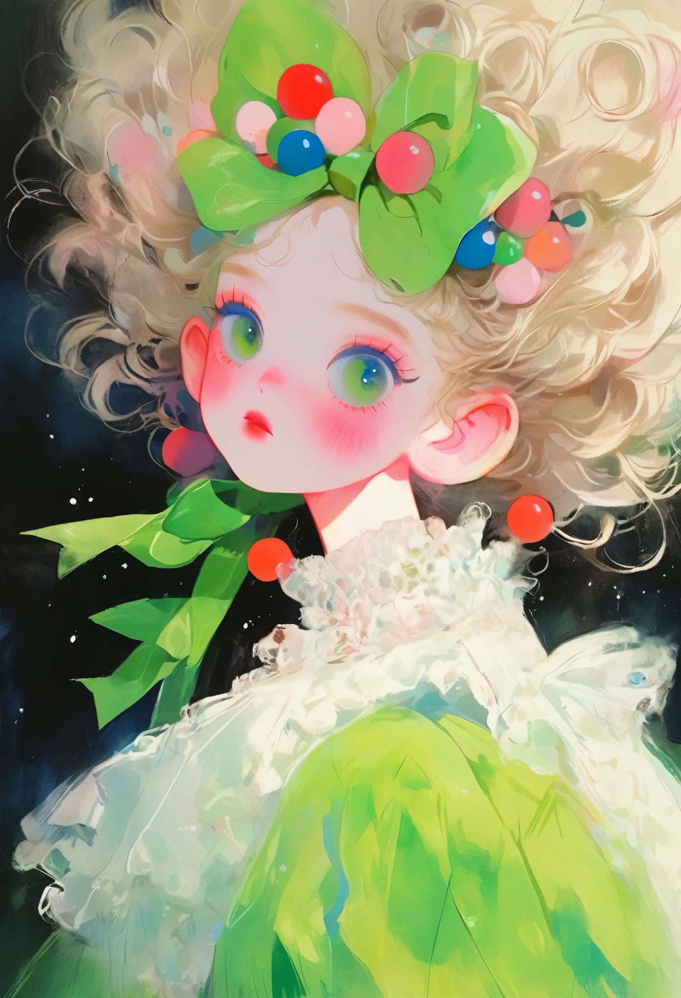 Clown makeup,Medium shot, Pastel painting of a young female, Two fluorescence angles, Startled look, black background, pale face, huge beautiful round eyes, long cilia, rococo style, fluorescent pink and green, by by Junji Ito, Inoue Takehiko, Julie Bell, realistic hyper-detail, exaggerated perspective, amazing moment, intricate illustrations, dynamic pose, uhd, 16k, Higher quality，Multi-layered lace