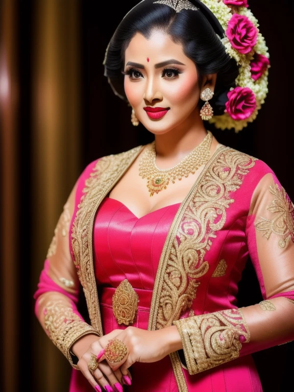 large breasts, cleavage, photography, woman, portrait of java wedding woman in pink long kebaya dress traditional, red lipstick, golden necklace, earrings, ornate, detail, flowers, look at viewer,