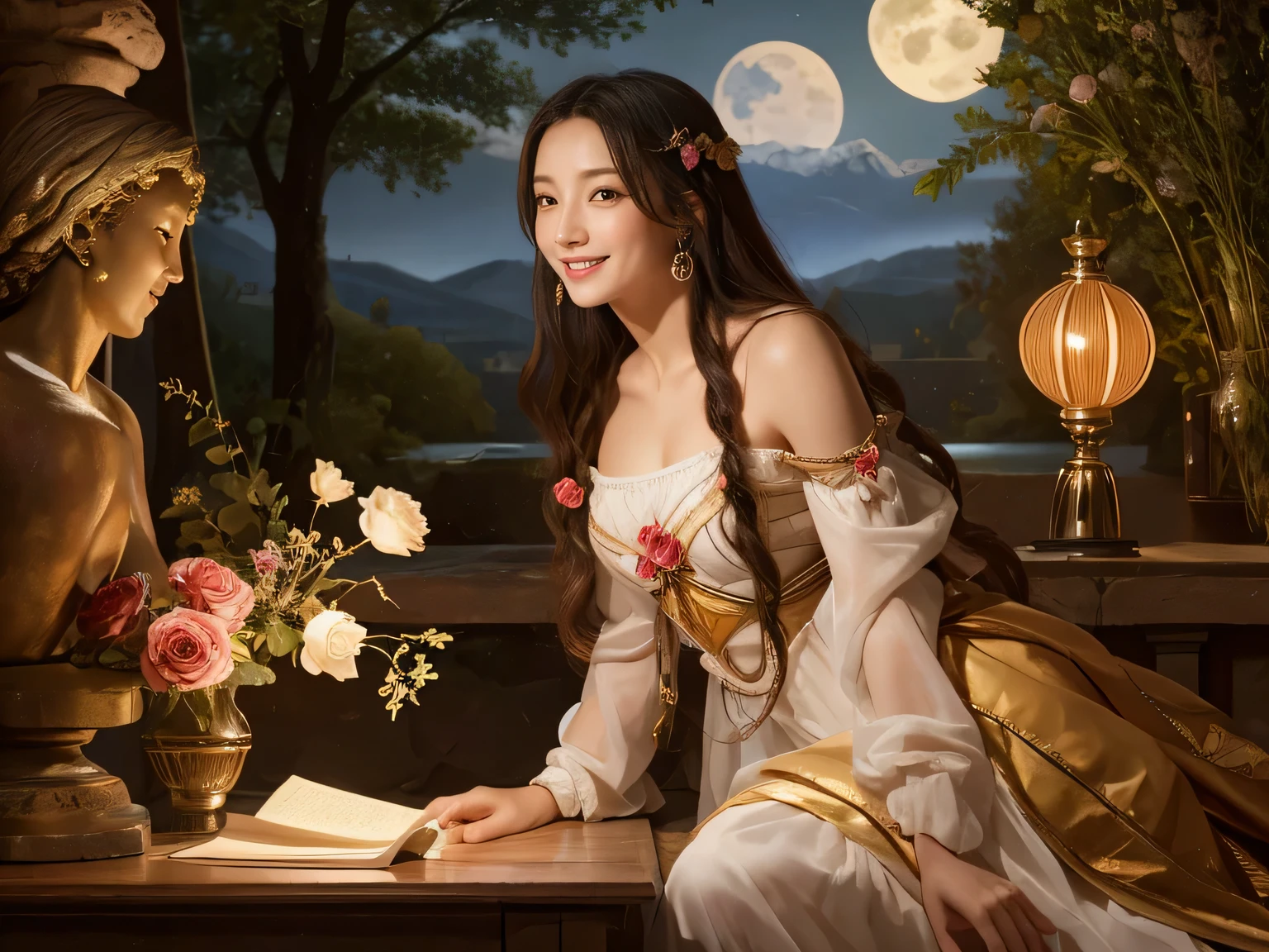 Giorgione painting style,Arguments of two female Philosophe,math、astronomical machine、astronaut、roses in vase、fruits、Cute trinkets、smile、ancient greek costume、Background is a forest lake at night 、Clothes that stretch your shoulders、A big smile、beautiful bare skin、A detailed representation of the seducing woman throughout her body.