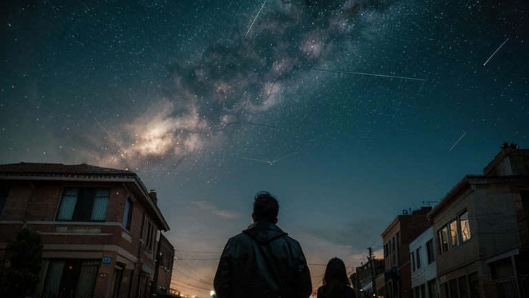 Distant view of people on the street looking up at the stars with horrified expressions, many comet at sky