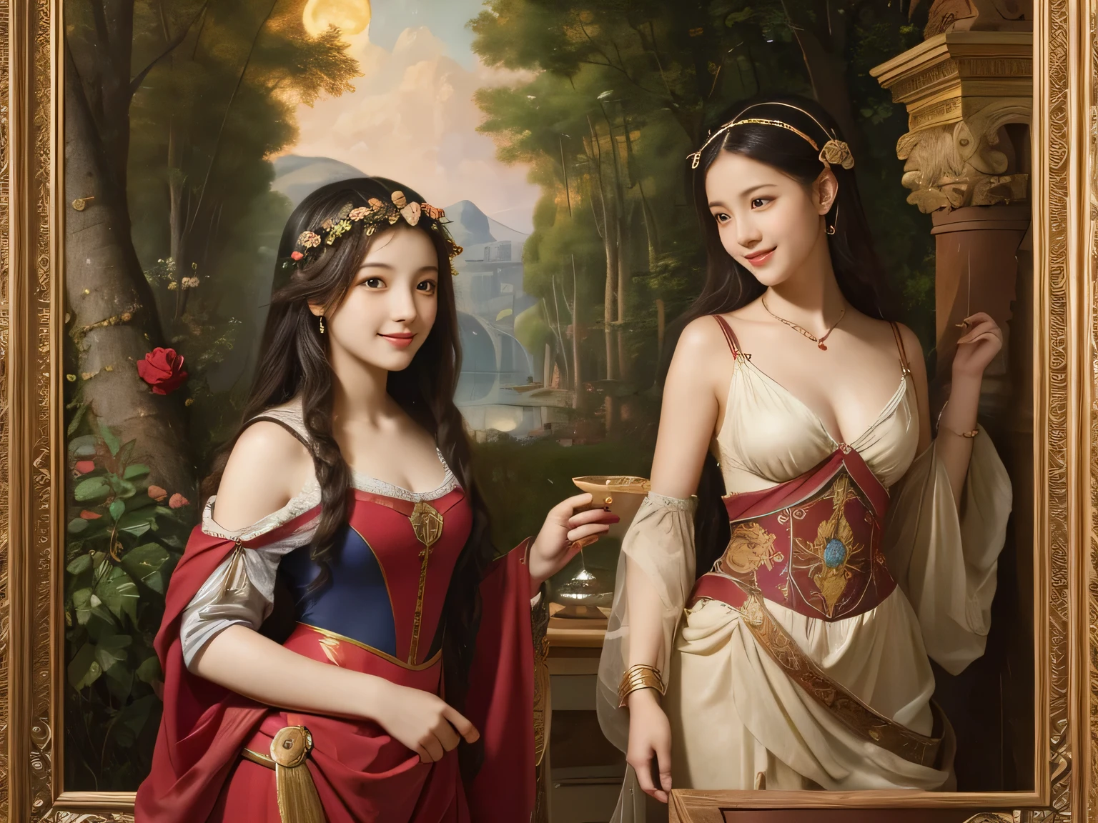Giorgione painting style,Arguments of two female Philosophe,math、astronomical machine、astronaut、roses in vase、fruits、Cute trinkets、smile、ancient greek costume、Background is a forest lake at night 、Clothes that stretch your shoulders、A big smile、beautiful bare skin、A detailed representation of the seducing woman throughout her body.