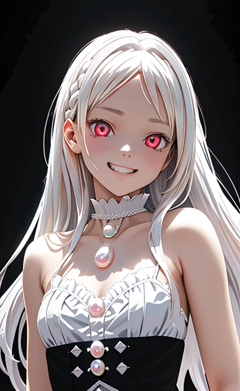 (Photorealistic:1.4)、asuna,(masterpiece、lens flare:1.5、spot light:1.2、Exquisite beautiful eyeonochrome:1.5,portlate、)(little devil:1.3),()
、Cute Face、 3D Face、(pearl white hair:1.5)、(wavy hair:1.3),(1 Girl)、(Red eyes:1.2)、(upper body)、(evil grin:1.3)、(head tilt) ,(Cute face:1.2),(flat chest),(),kind face,(white　lace frilled gothic lolita),(black background:1.5)、(glowing eyes:1.3)、()、 Neat and clean、Adorable、Slim Body(Tareme:1.5),Shiny Hair、(Glowing pink Skin)、Nijisketch,Manga,zydG