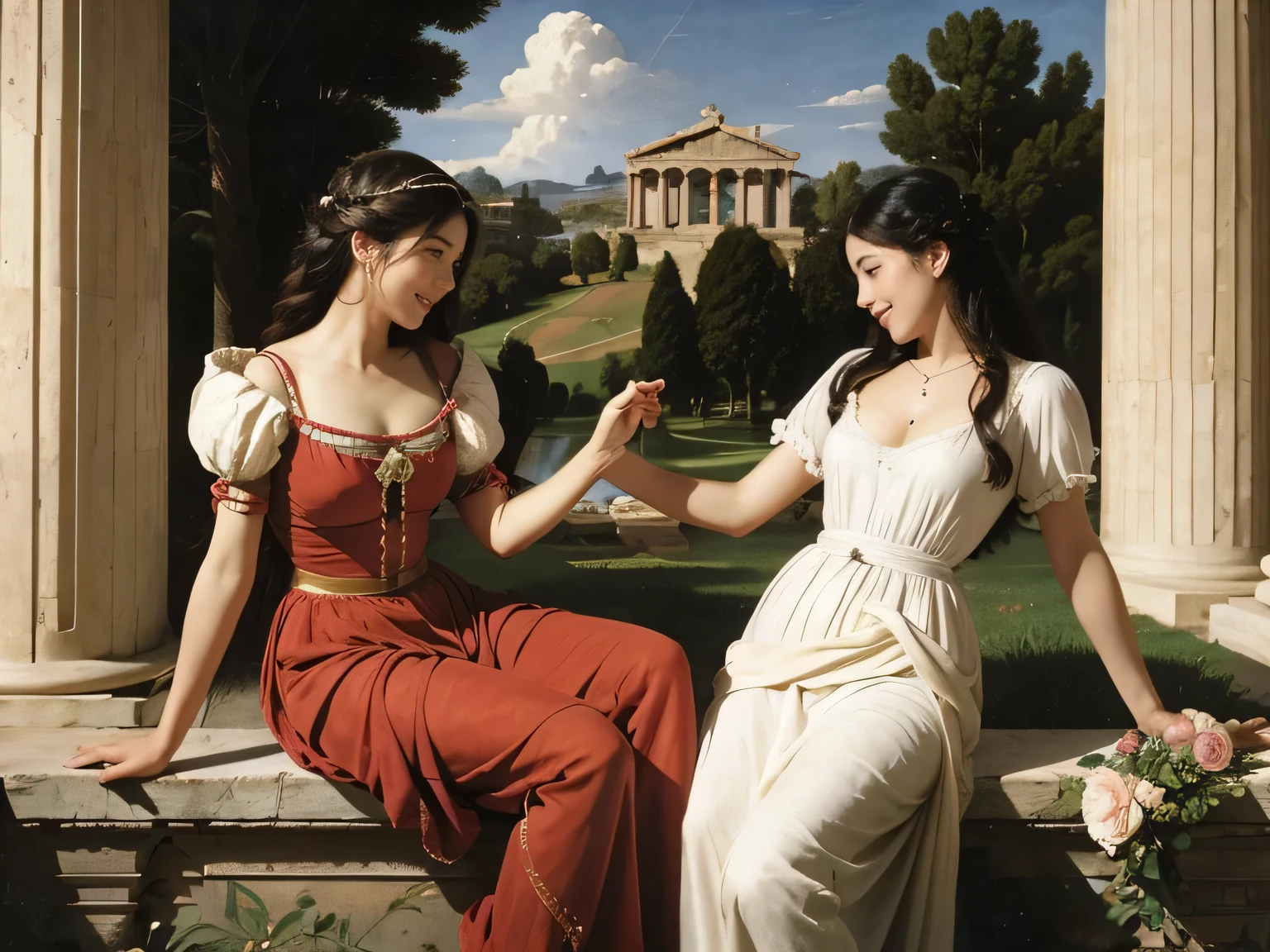 Prompt: full body portrait or statue、Giorgione painting style,Arguments of two female Philosophe,math、astronomical machine、astronaut、roses in vase、fruits、Cute trinkets、smile、ancient greek costume、Ancient Roman landscape in the style of Nicolas Poussin,laughter,,Sweet and seductive appearance.、Caravaggio's paintings、Chiaroscuro of Caravaggio、hair tousled by the wind,Two women frolicking,cute smile, expression of ecstasy,Sexy,erotic