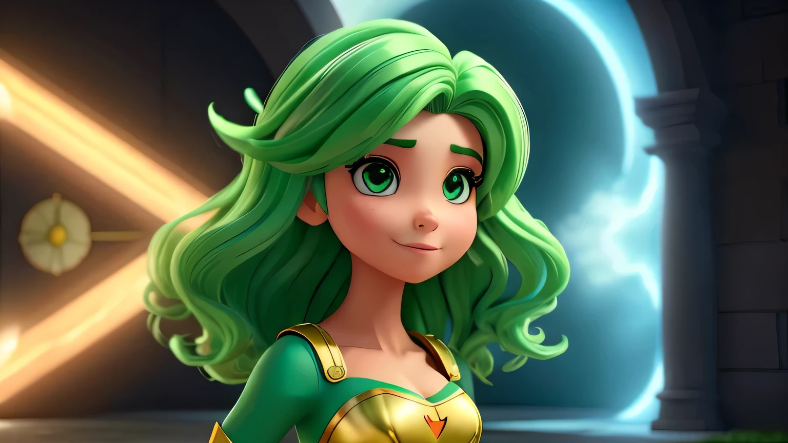 Mulher super heroina, de cabelos castanhos e olhos verdes muito linda, perfeita, 4K full HD, super detalhado e bonito, em uma cidade